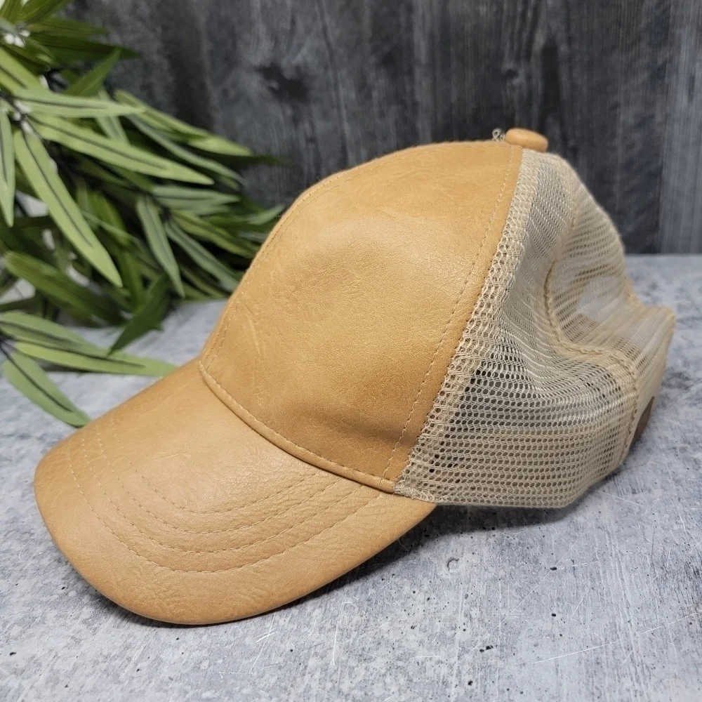 C&C | Tan Faux Leather Mesh Back Adjustable Trucker Cap Hat Neutral Casual